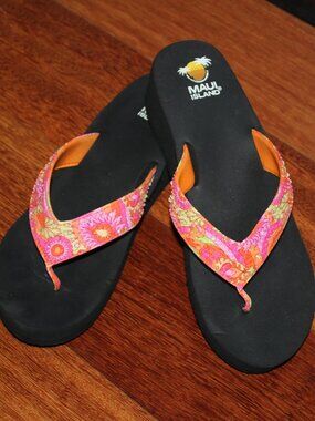 SOLD-Sparkly Bejeweled Pink Orange Flip Flops Maui Island Foam Platform Sandals